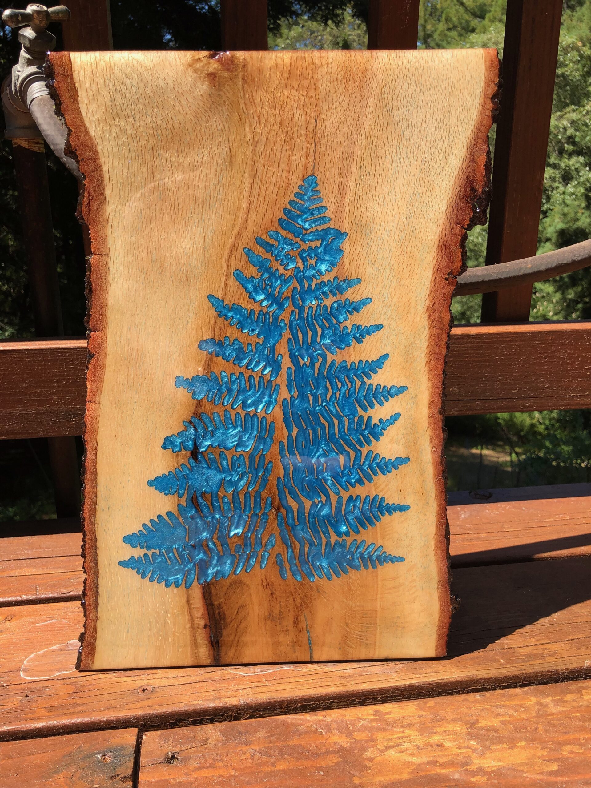 Fern Engraved Wood Wall Art in Blue Epoxy