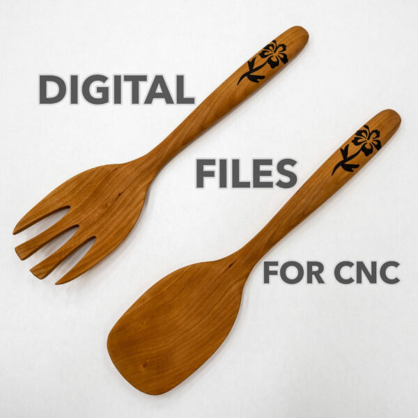 Digital File: Salad Set - Fork and Spoon - CNC Plans - Vectric VCarve file, PDF Directions, and STL Model - Wood Hibiscus or Rose Inlay