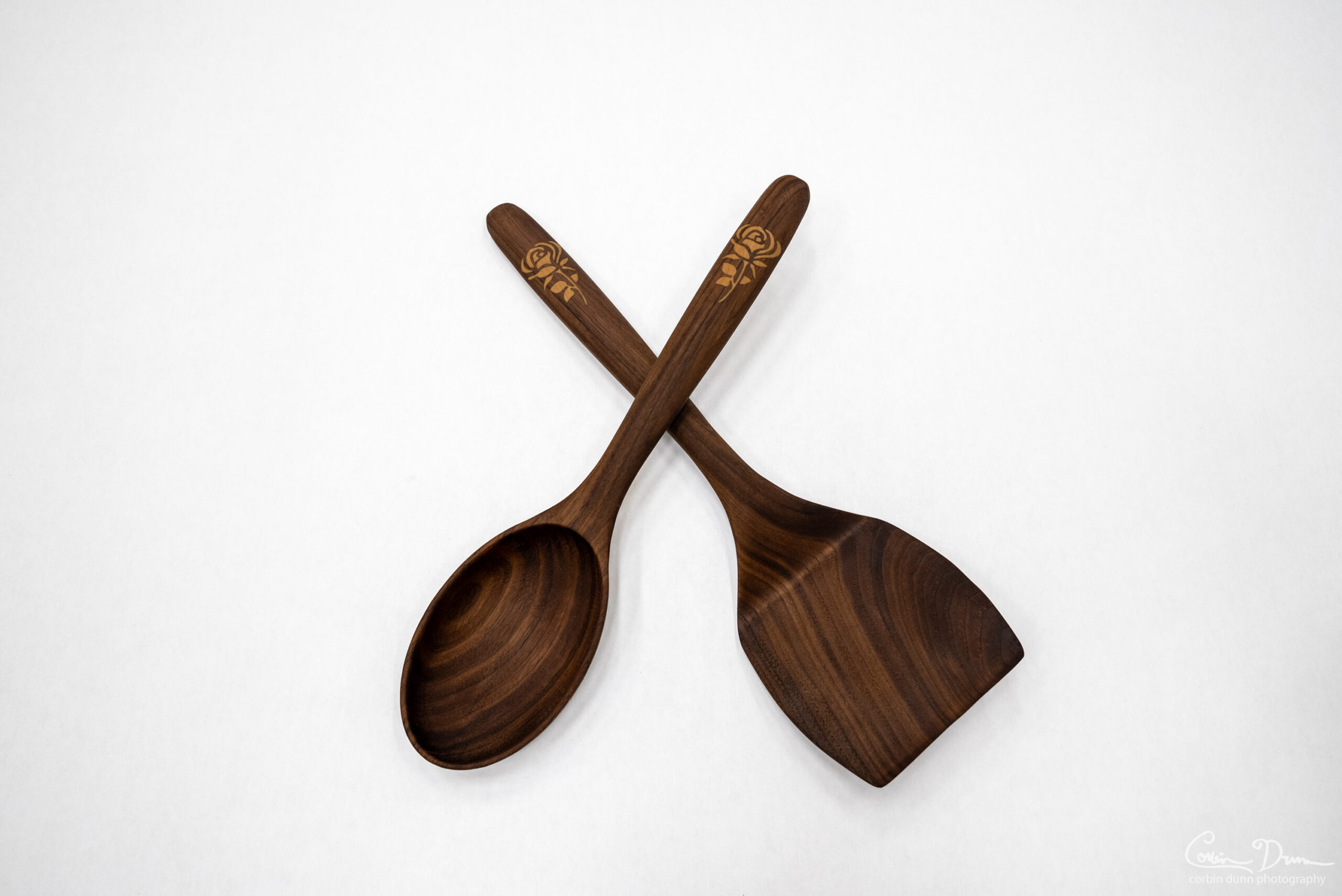 Wood Spoon and Spatula Cooking Utensils with Wood Rose Inlay - Walnut w/Maple