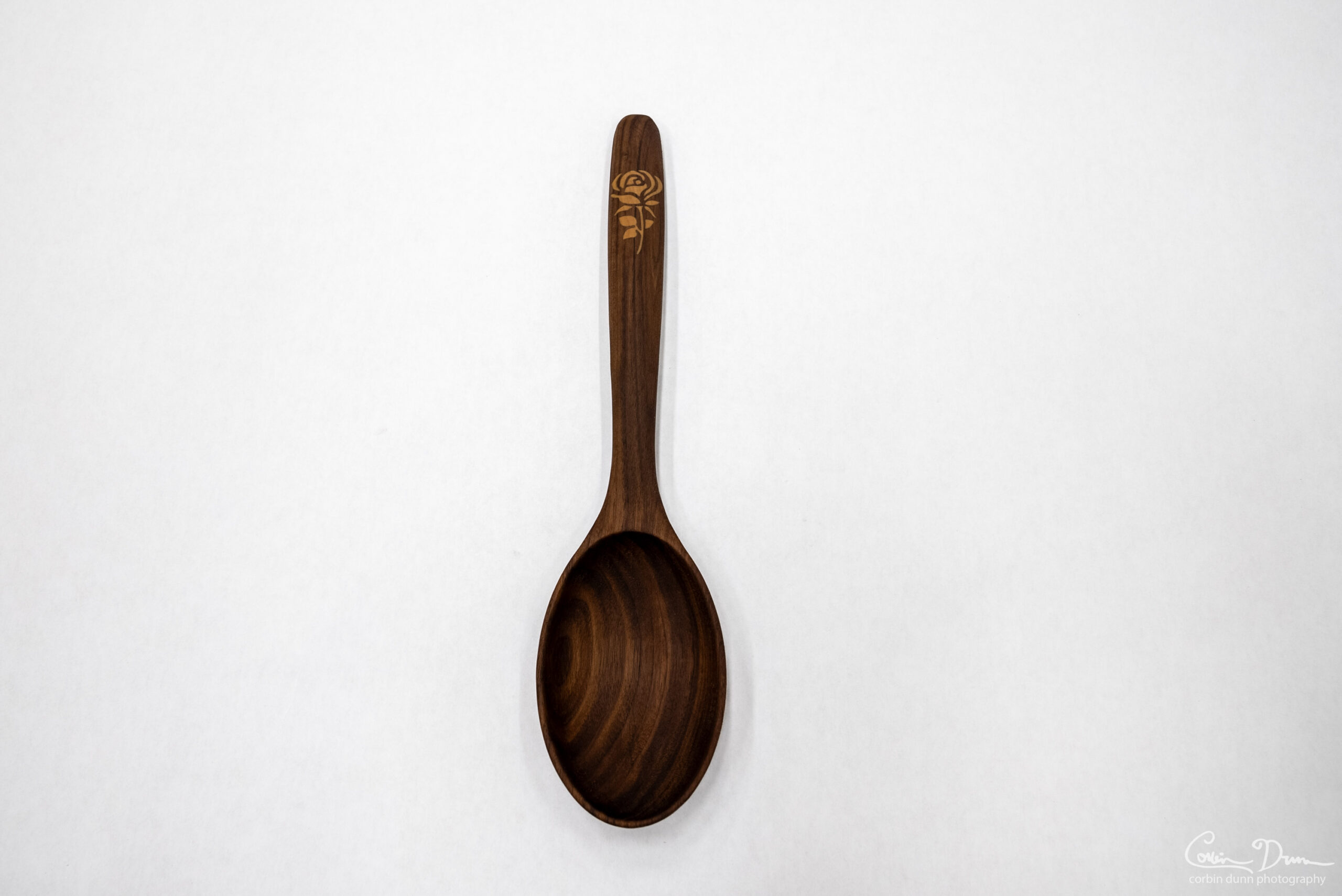 Wood Spoon and Spatula Cooking Utensils with Wood Rose Inlay - Walnut w/Maple - Image 3