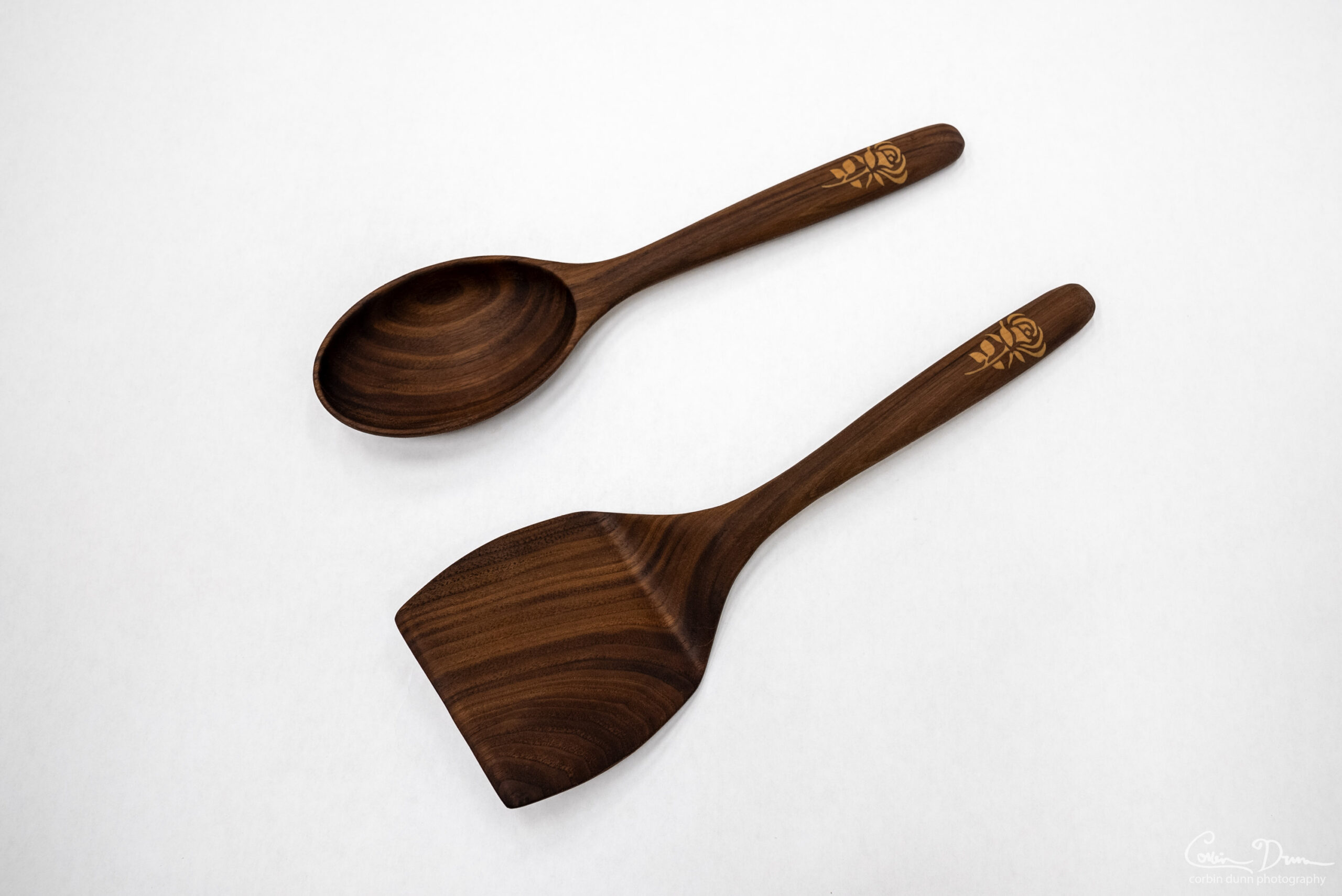 Wood Spoon and Spatula Cooking Utensils with Wood Rose Inlay - Walnut w/Maple - Image 2