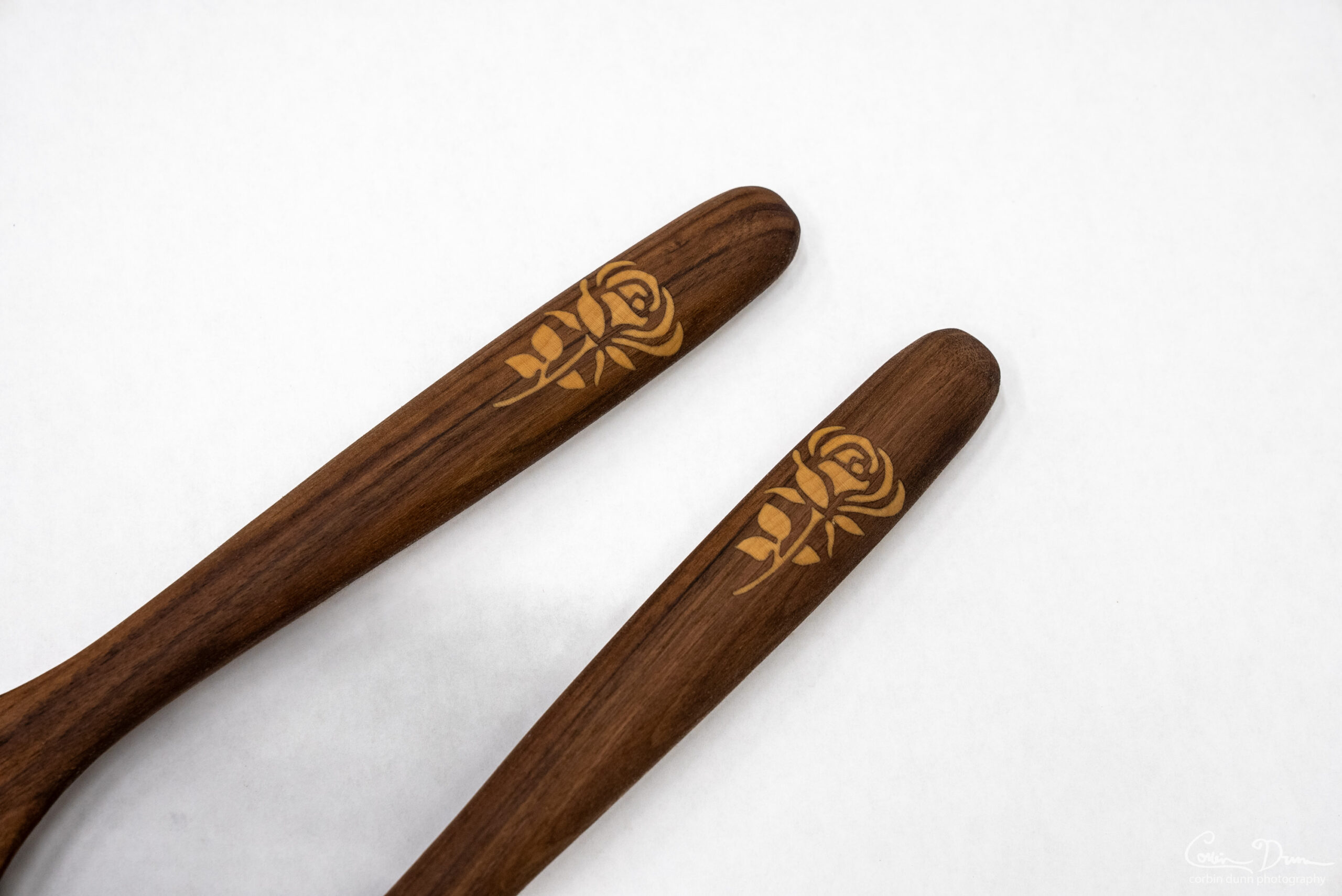 Wood Spoon and Spatula Cooking Utensils with Wood Rose Inlay - Walnut w/Maple - Image 6