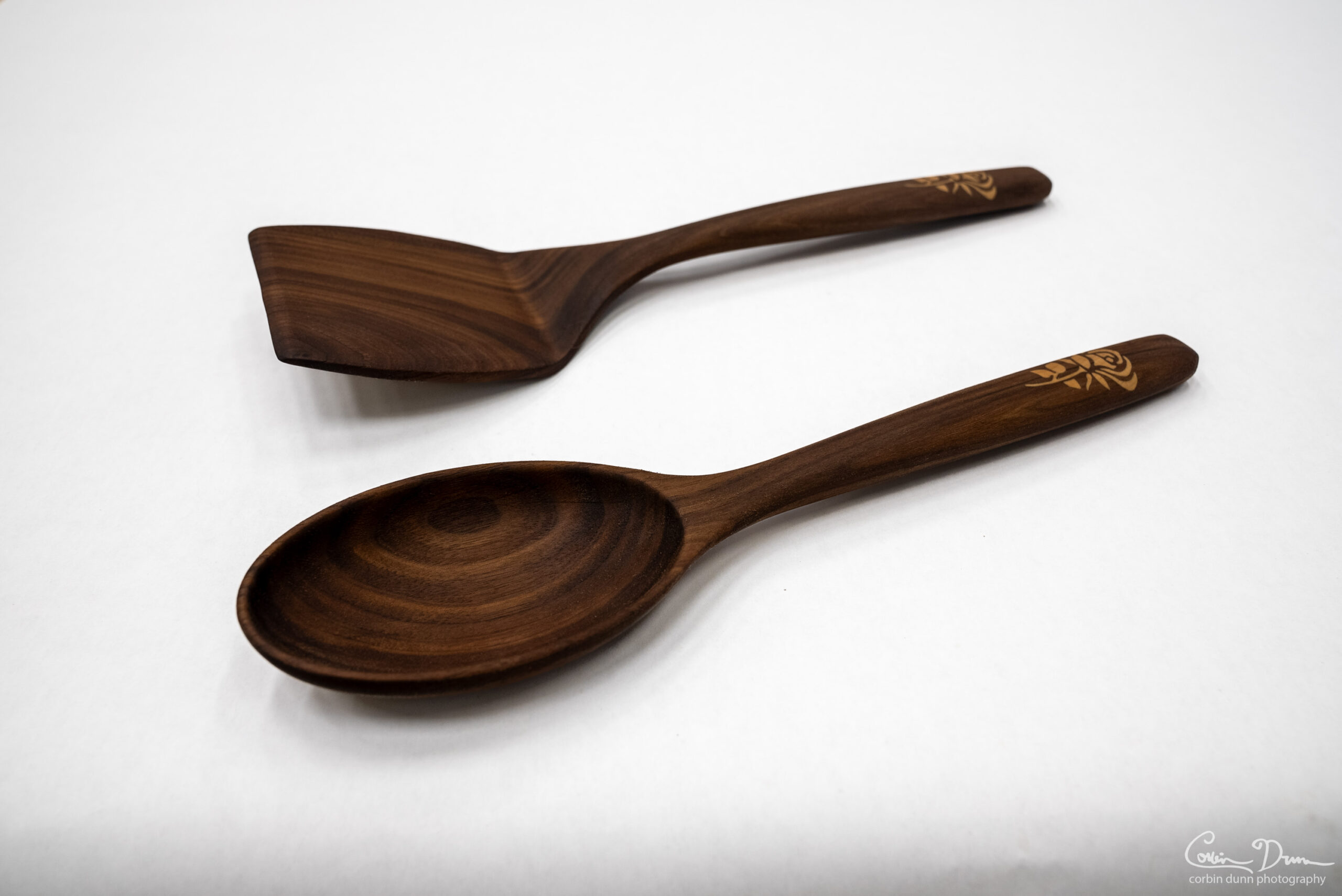 Wood Spoon and Spatula Cooking Utensils with Wood Rose Inlay - Walnut w/Maple - Image 8