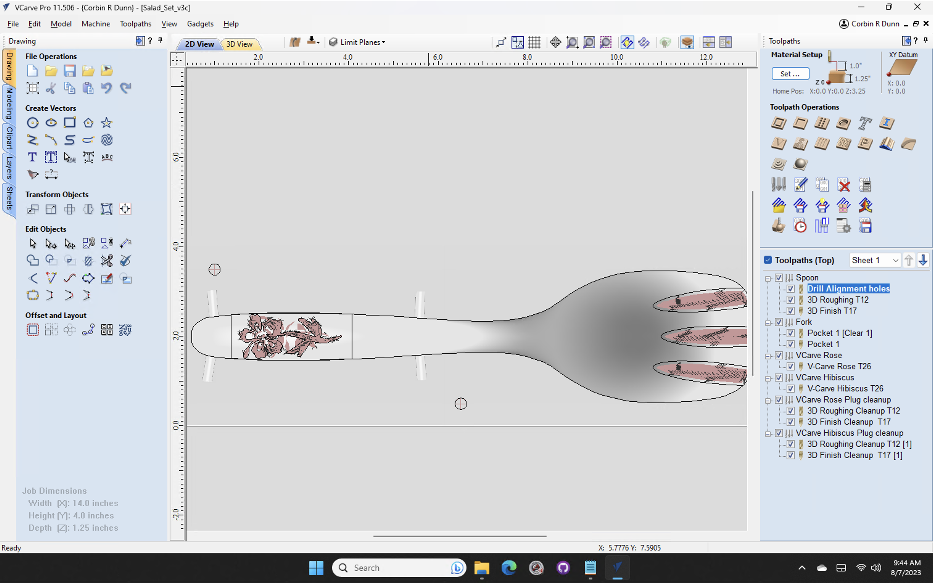 Digital File: Salad Set - Fork and Spoon - CNC Plans - Vectric VCarve file, PDF Directions, and STL Model - Wood Hibiscus or Rose Inlay - Image 10