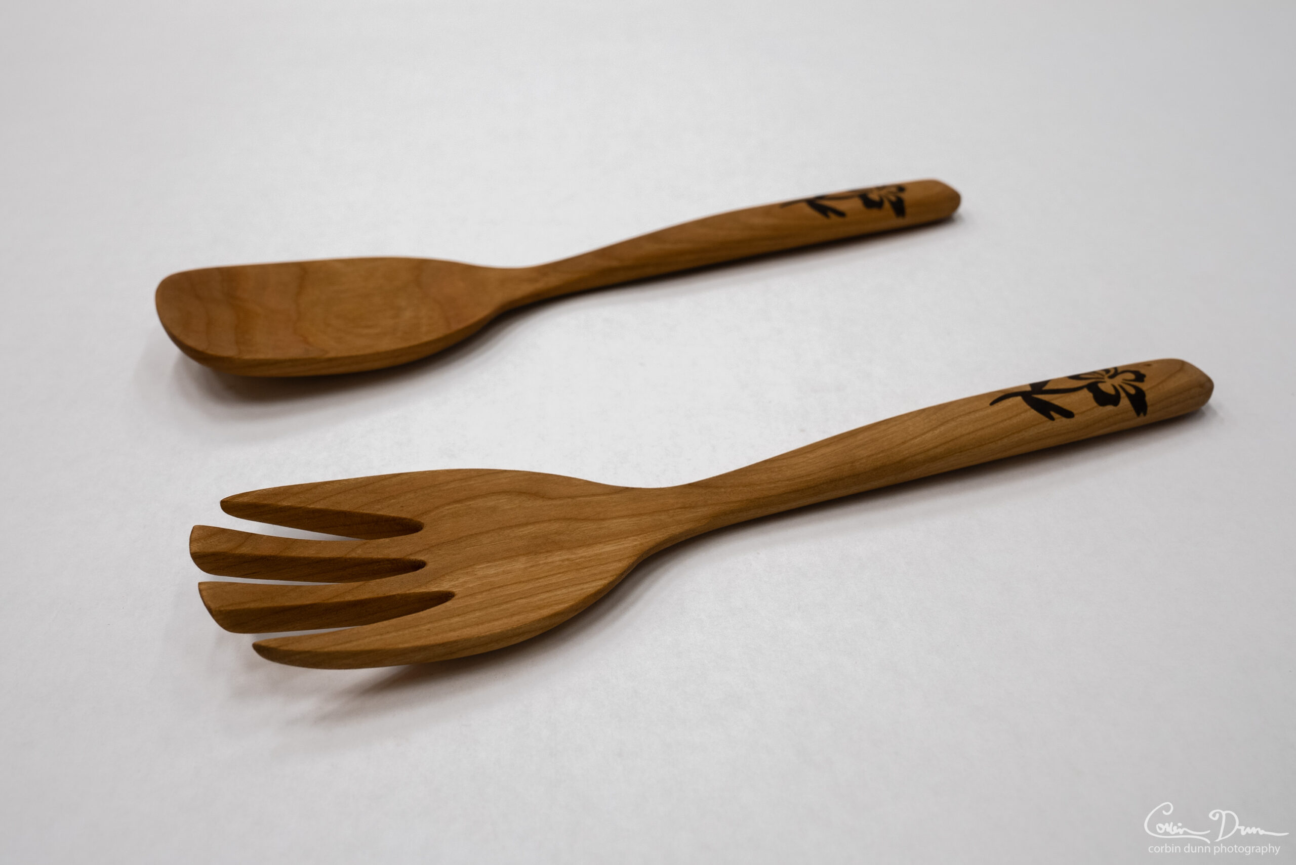 Salad Set - Fork and Spoon with Hibiscus Inlay - Cherry and Walnut - Image 9