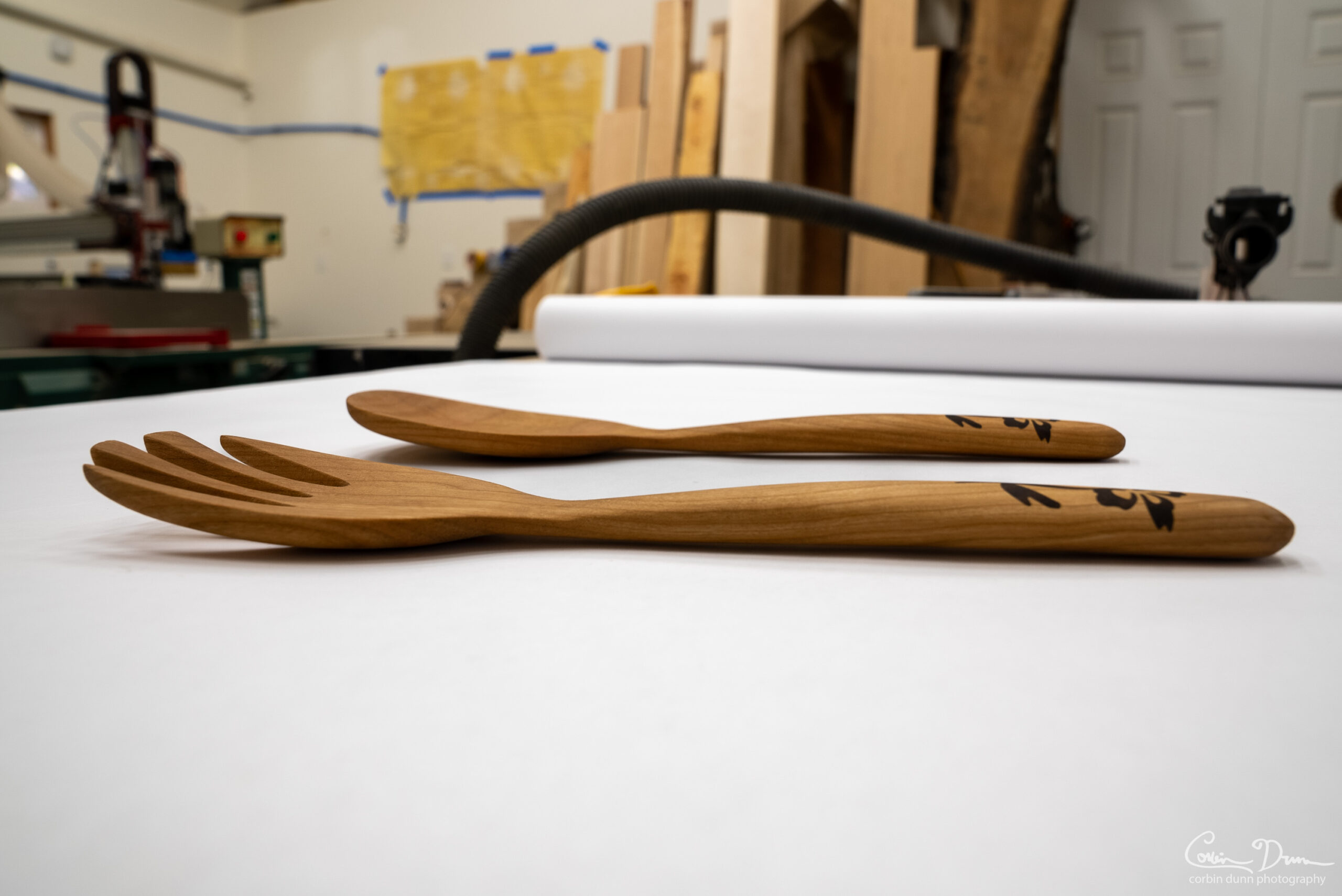 Salad Set - Fork and Spoon with Hibiscus Inlay - Cherry and Walnut - Image 8