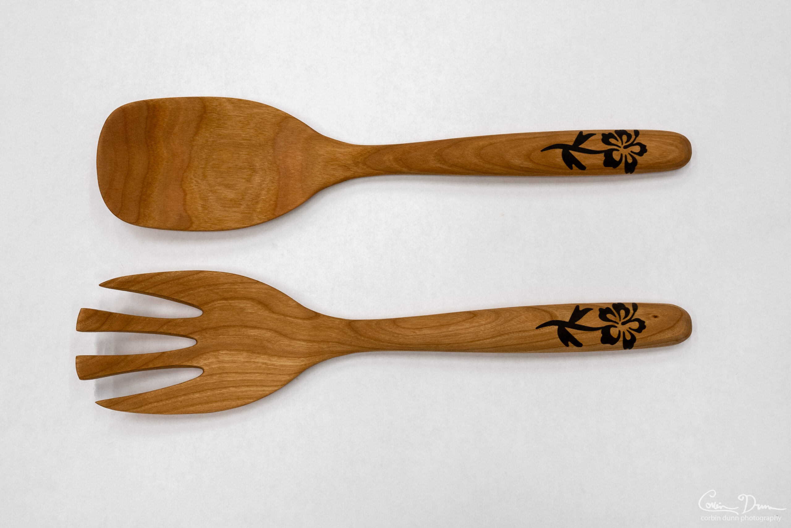Salad Set - Fork and Spoon with Hibiscus Inlay - Cherry and Walnut - Image 2