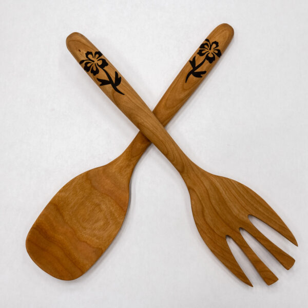 Salad Set - Fork and Spoon with Hibiscus Inlay - Cherry and Walnut