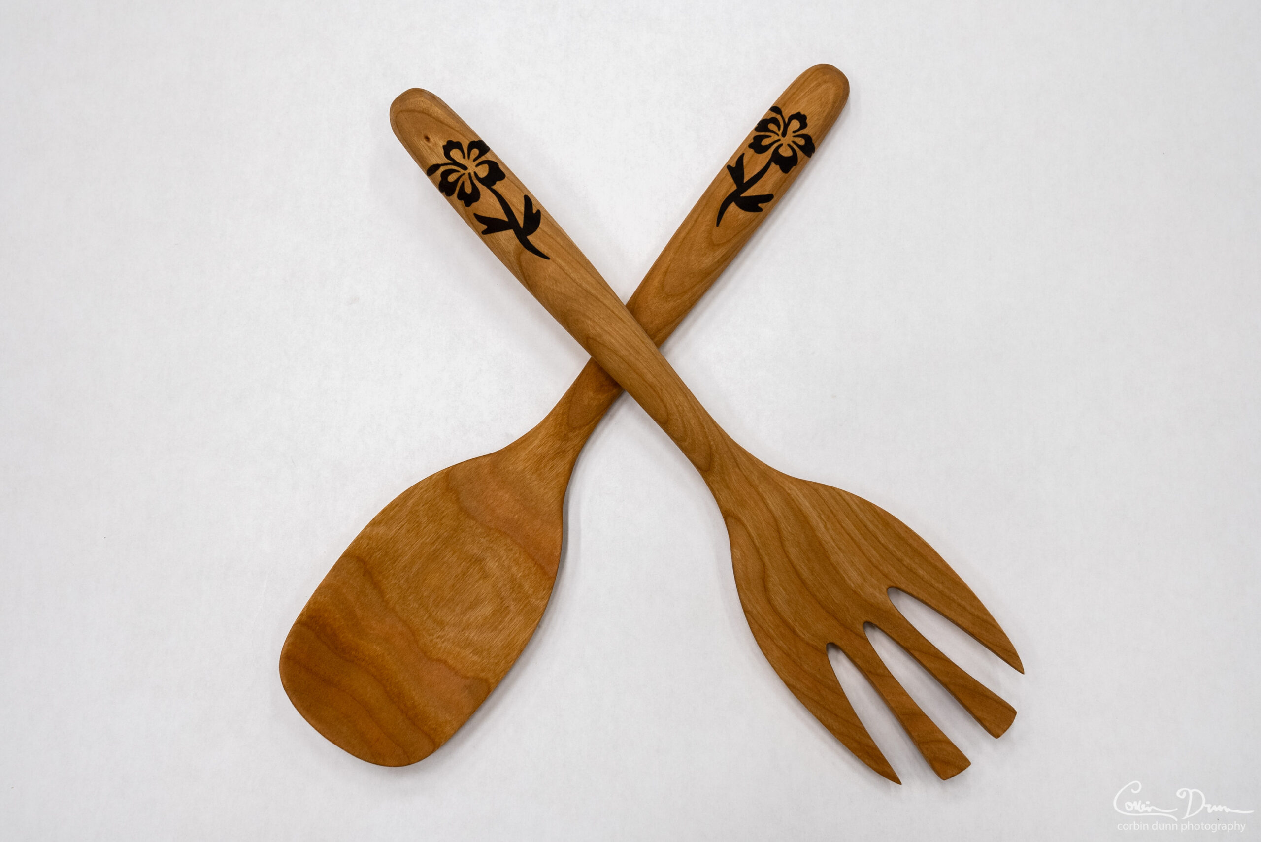Salad Set - Fork and Spoon with Hibiscus Inlay - Cherry and Walnut